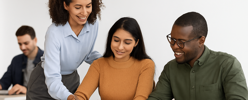 a still image showing students discussing contents of a paper