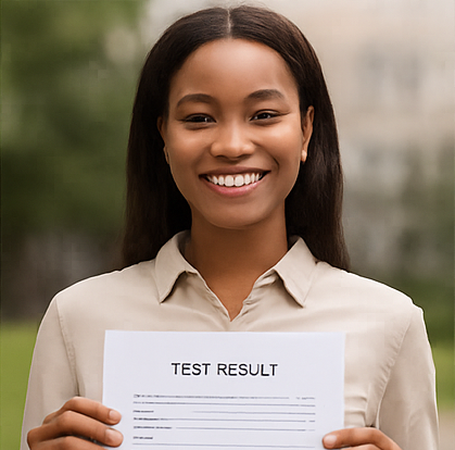 A woman reading showing a test result